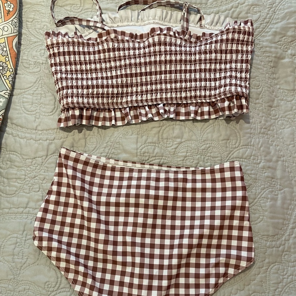 Brown Checkered Two-Piece Swimsuit